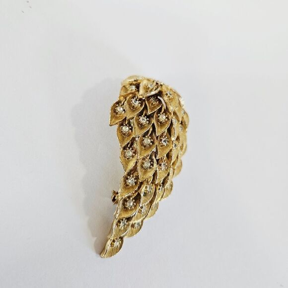 Amerique Vintage '50s Signed Brushed Gold Tone Double Leaf Rhinestone Brooch Pin - Picture 4 of 8